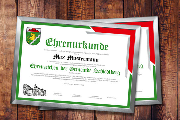 Gemeinde Schiedlberg - Gestaltung von Ehrenurkunden mit partieller Folienprägung