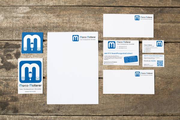 Logo, Visitenkarten, Aufkleber, Geschäftsdrucksorten, Inserate – Marco Molterer Toner - Druckerpatronen - Büroartikel