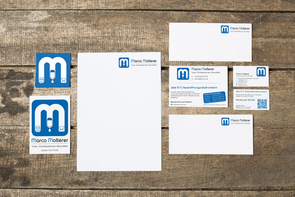 Logo, Visitenkarten, Aufkleber, Geschäftsdrucksorten, Inserate – Marco Molterer Toner - Druckerpatronen - Büroartikel