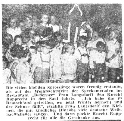 Weihnachtsfeier 1954 - an der auch Frau Langsdorff und Tochter Inge teilgenommen hatten – erste Reihe, 3. von rechts der Autor in „Seppelhosen“ - dahinter der Weihnachtsmann.