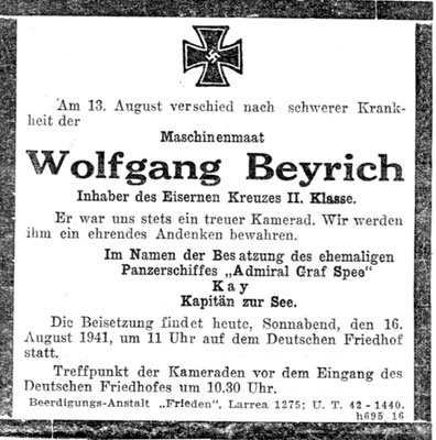 Wolfgang Beyrich starb im deutschen Krankenhaus in Buenos Aires  an einer Darmtuberkulose.