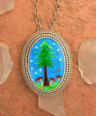 Cloisonne enamel Mushroom and forest necklace