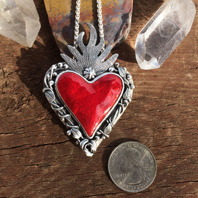 Red enamel sacred heart with vines necklace