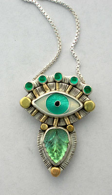 Cloisonne enamel Evil eye and vintage glass pendant