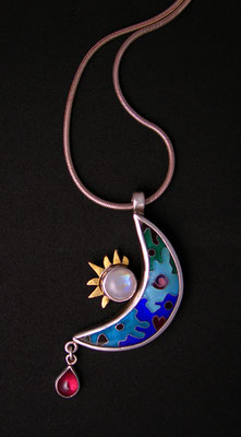 Cloisonne enamel Crescent moon and sun pendant