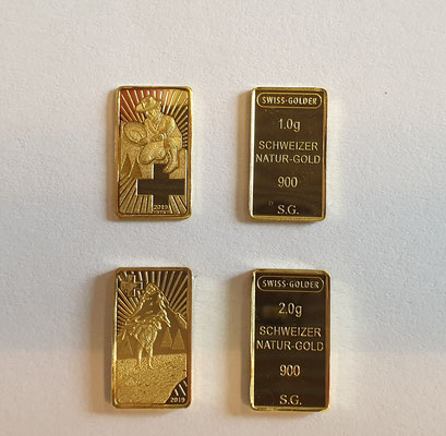 1 + 2 gramm Goldbarren aus Schweizer Naturgold