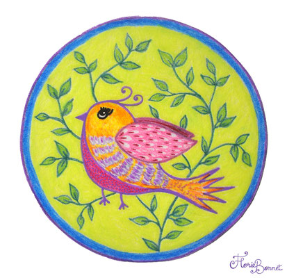 Médaillon oiseau - Crayons de couleurs sur plastique fou