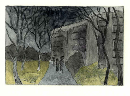 Abend in Lichtenberg, 2021, Kaltnadel aquarelliert, 10x15cm