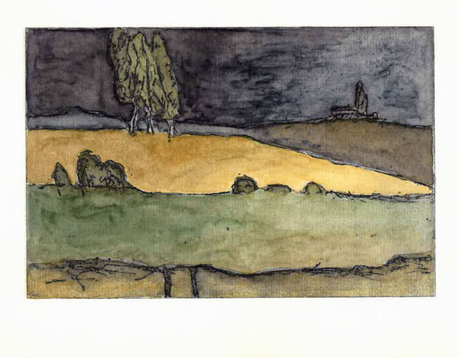Felder bei Märkisch Buchholz, 2016, Aquatinta aquarelliert, 10x15cm