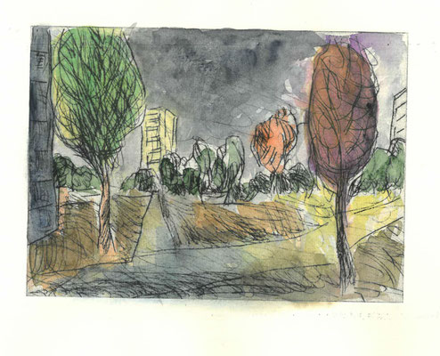 Grün in Lichtenberg, 2020, Kaltnadel aquarelliert, 14,5x21cm