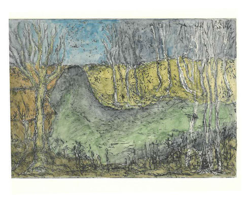 Am Teich, 2016, Radierung aquarelliert, 10x15cm