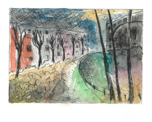 Grün in Lichtenberg, 2020, Kaltnadel, 14,5x21cm