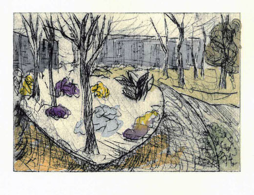Grün in Lichtenberg, 20  , Kaltnadel aquarelliert, 10,5x15cm