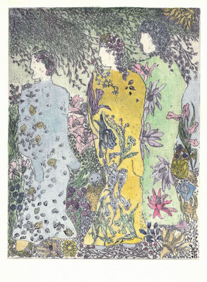 Drei Elfen, 2018, Radierung aquarelliert, 19,5x14,5cm