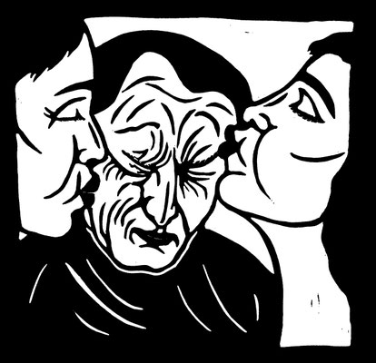 Altersunterdruck (Unangebrachter Optimismus), 2026, Linolschnitt, 30 x 31 cm