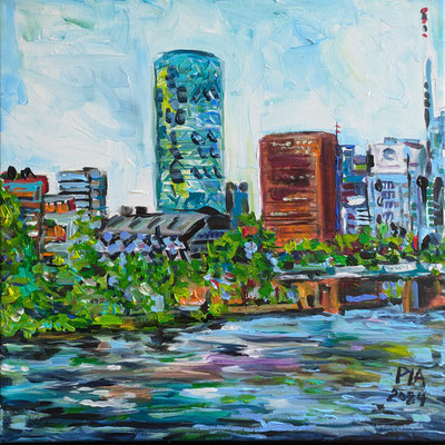 40x40cm Acryl auf Leinwand Westhafen Tower and the Main / Frankfurt