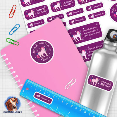 24 er - Set Namensaufkleber | Fantasy Einhorn - pink
