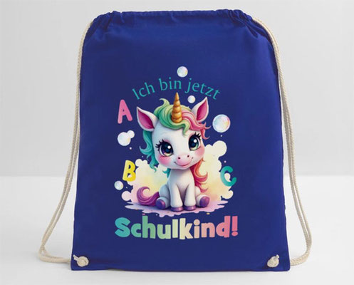 Turnbeutel - niedliches buntes Einhorn mit Seifenblasen - Aquarell - Ich bin jetzt Schulkind!