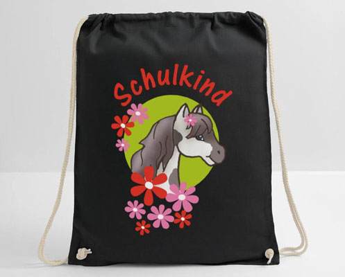 Turnbeutel - Geschecktes Pony mit Blumen - rot grün - Schulkind