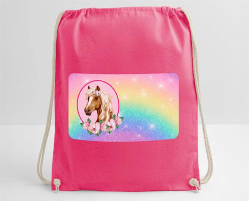 Turnbeutel - Haflinger Pony mit Apfelblüten Umrandung - bunter Glitzer-Regenbogen-Hintergrund
