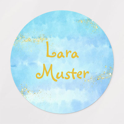 Namenaufkleber rund - Wasserfarbe - blau - Goldglitter