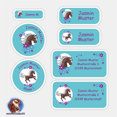 24 er - Set Namensaufkleber | Pony - Blumen - Türkis