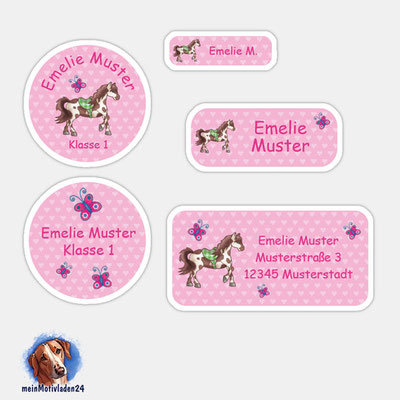 24 er - Set Namensaufkleber | Pferde Herzchen - rosa