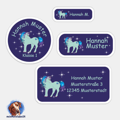 24 er - Set Namensaufkleber | Fantasy Einhorn - blau