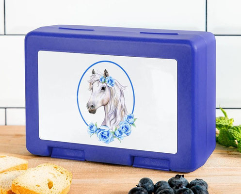personalisierbare Brotdose - ovaler Rahmen mit weißem Pferd - Rosen - blau
