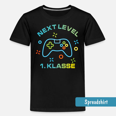 Einschulungs-T-Shirt mit buntem Neon-Controller, Text Next Level 1. Klasse und Spielsymbolen