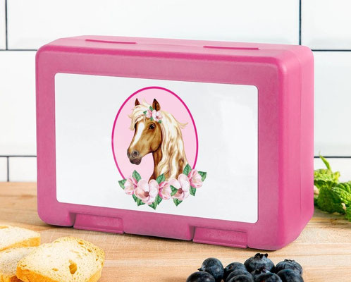 personalisierbare Brotdose - ovaler Rahmen mit Haflinger Pferd - Apfelblüten - rosa