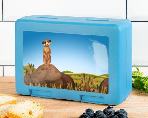personalisierbare Brotdose - Erdmännchen auf Felsen in der Savanne