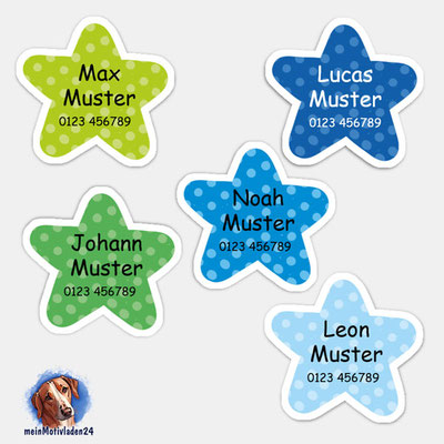 Form-Namensaufkleber - Kleine Sterne - grün blau