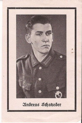Andreas Schatzeder was a soldier in 1./Heeres Gebirgsjäger Bataillon 201 and a member of Assault Group West (Reimer). He survived Operation Habicht just to be Killed soon after at Isenheim on January 22, 1945