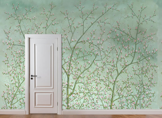 Magnolia; handpainted wallpaper; handgeschilderd behang