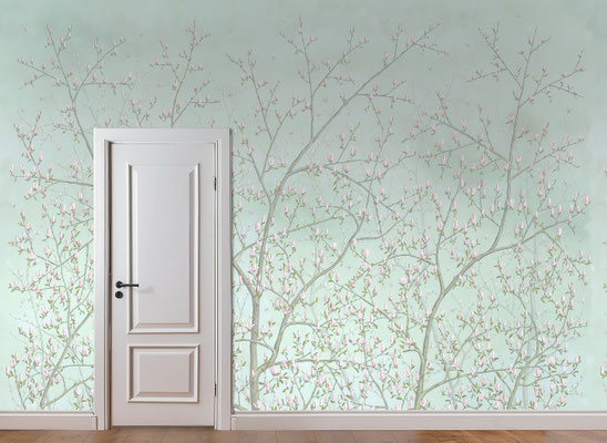 Magnolia; handpainted wallpaper; handgeschilderd behang