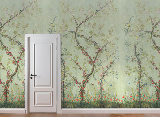 Tijdperk van Bloei; handpainted wallpaper; handgeschilderd behang