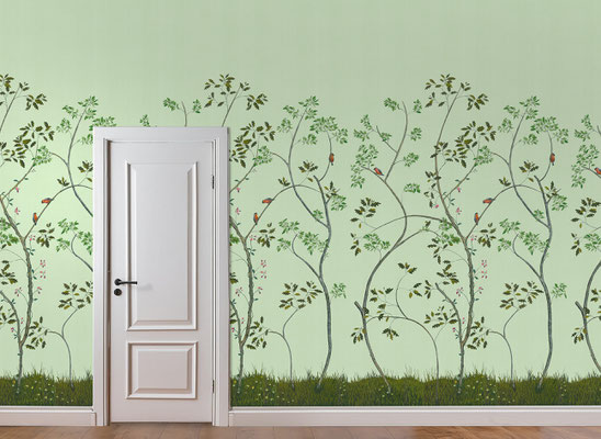 Finch; handpainted wallpaper; handgeschilderd behang