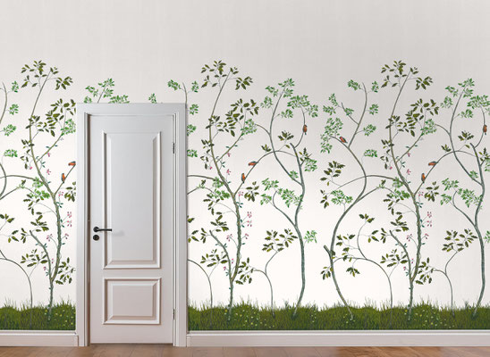 Finch; handpainted wallpaper; handgeschilderd behang