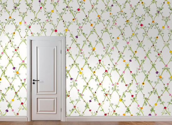 Ranunculus; handpainted wallpaper; handgeschilderd behang