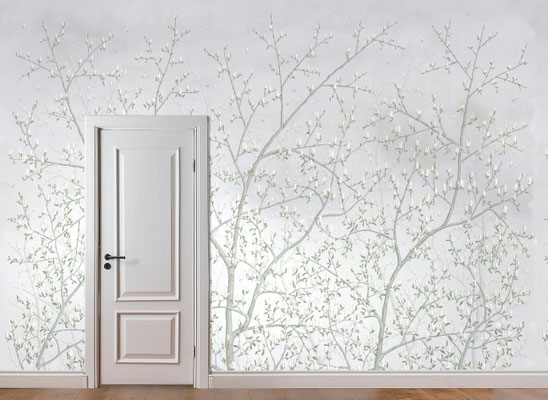 Magnolia; handpainted wallpaper; handgeschilderd behang