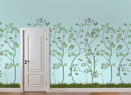 Finches; handpainted wallpaper; handgeschilderd behang