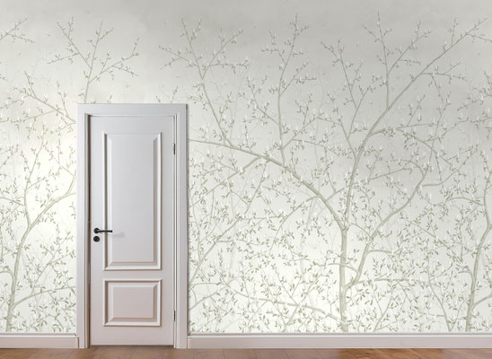 Magnolia; handpainted wallpaper; handgeschilderd behang