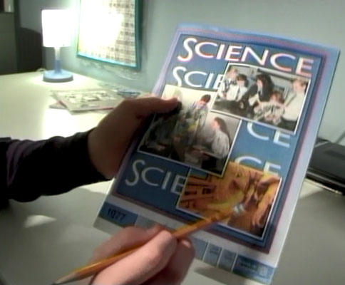 Nicholas showing one of his 7th Grade Science PACEs, from the 2006 Day in the Life video