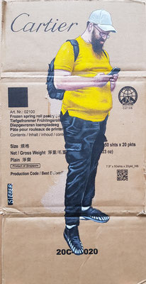 Gemälde 791,CARTIER FROZEN SPRING ROLL,Acryl auf Verpackungskarton ,2023,44 x 22 cm