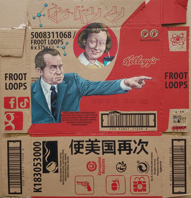 Gemälde 691 FROOT LOOPS,  Acryl auf Verpackungspappe, 2021, 58 x 55 cm