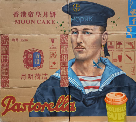 Gemälde 647,Mooncake,Acryl auf Verpackungskarton,2020, 72 x 82 cm