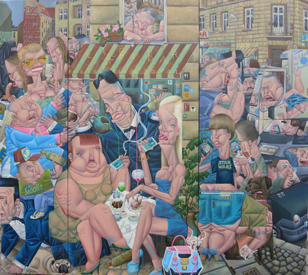 Gemälde 542Triptychon, Fleischklops Royal, Acryl auf Leinwand,2016, 155x 140 cm   