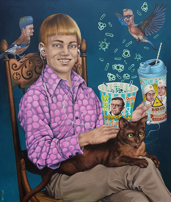 Gemälde 557 ,Junge mit Katze, Acryl / Öl auf Leinwand, 2017 / 18, 85 x 100 cm