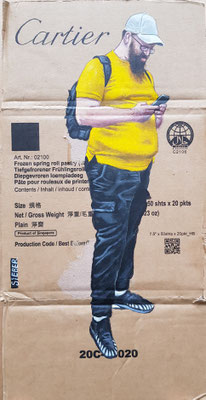 Gemälde 791,CARTIER FROZEN SPRING ROLL,Acryl auf Verpackungskarton ,2023,44 x 22 cm